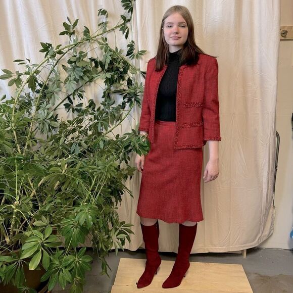 Vintage 90s Kasper Red-Orange Fringed Tweed Blazer & Skirt Suit Set, Size Medium - Picture 2 of 11
